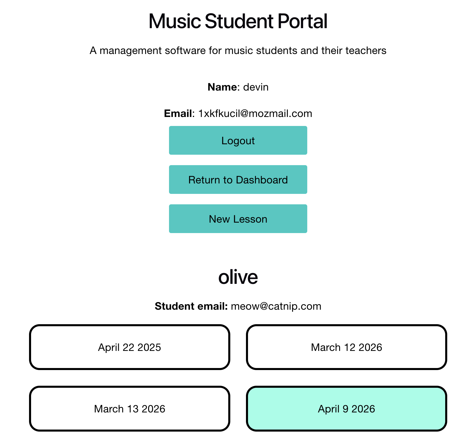 screenshot of Music Student Portal web app